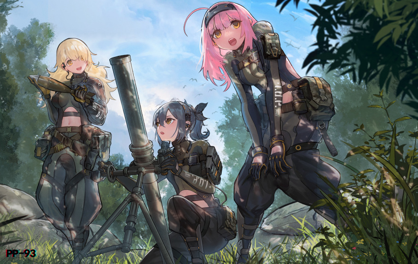 3girls, blonde_hair, blue_hair, blue_sky, boots, character_name, clothing_cutout, clouds