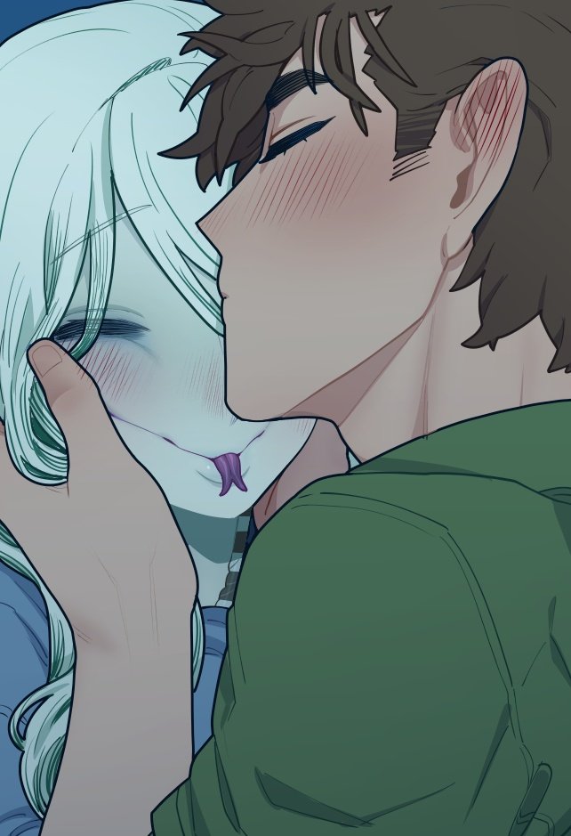 1boy, 1girl, ^_^, blue_background, blue_shirt, blush, brown_hair, closed_eyes, colored_tongue, edan_(sparrowl), english_commentary, forked_tongue, green_hair, hair_behind_ear, hetero, ivy_(sparrowl), kiss, kissing_forehead, lamia, monster_girl, original, purple_tongue, shirt, smile, sparrowl, tongue, tongue_out