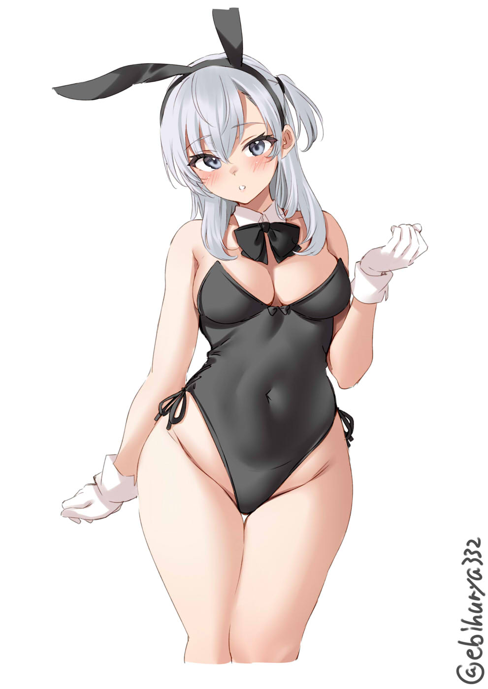 1girl, animal_ears, black_leotard, bow, bowtie, breasts, cowboy_shot, detached_collar