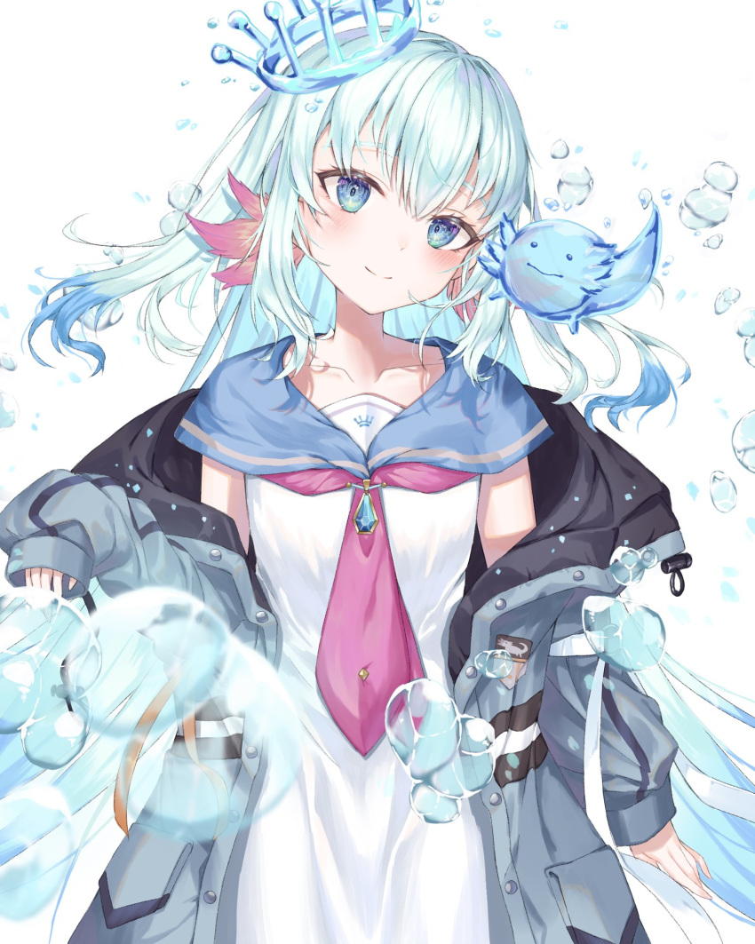1girl, axolotl_girl, bangs, blue_eyes, blue_hair, blush, bubble, collarbone