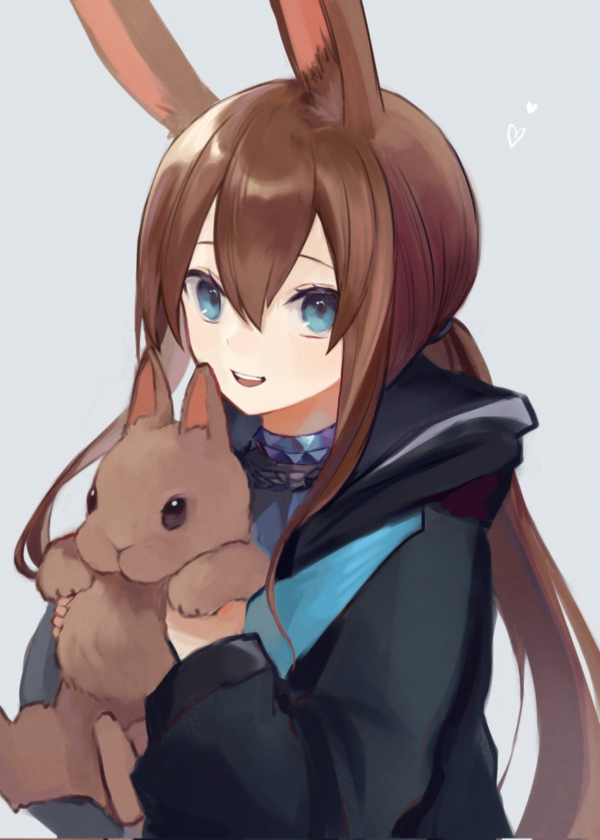 1girl, 99noe_honoka, :d, amiya_(arknights), animal, animal_ears, arknights, black_jacket, blue_eyes, brown_hair, grey_background, highres, holding, holding_animal, jacket, long_hair, long_sleeves, looking_at_viewer, open_mouth, ponytail, rabbit, rabbit_ears, rabbit_girl, rabbit_tail, simple_background, smile, solo, tail
