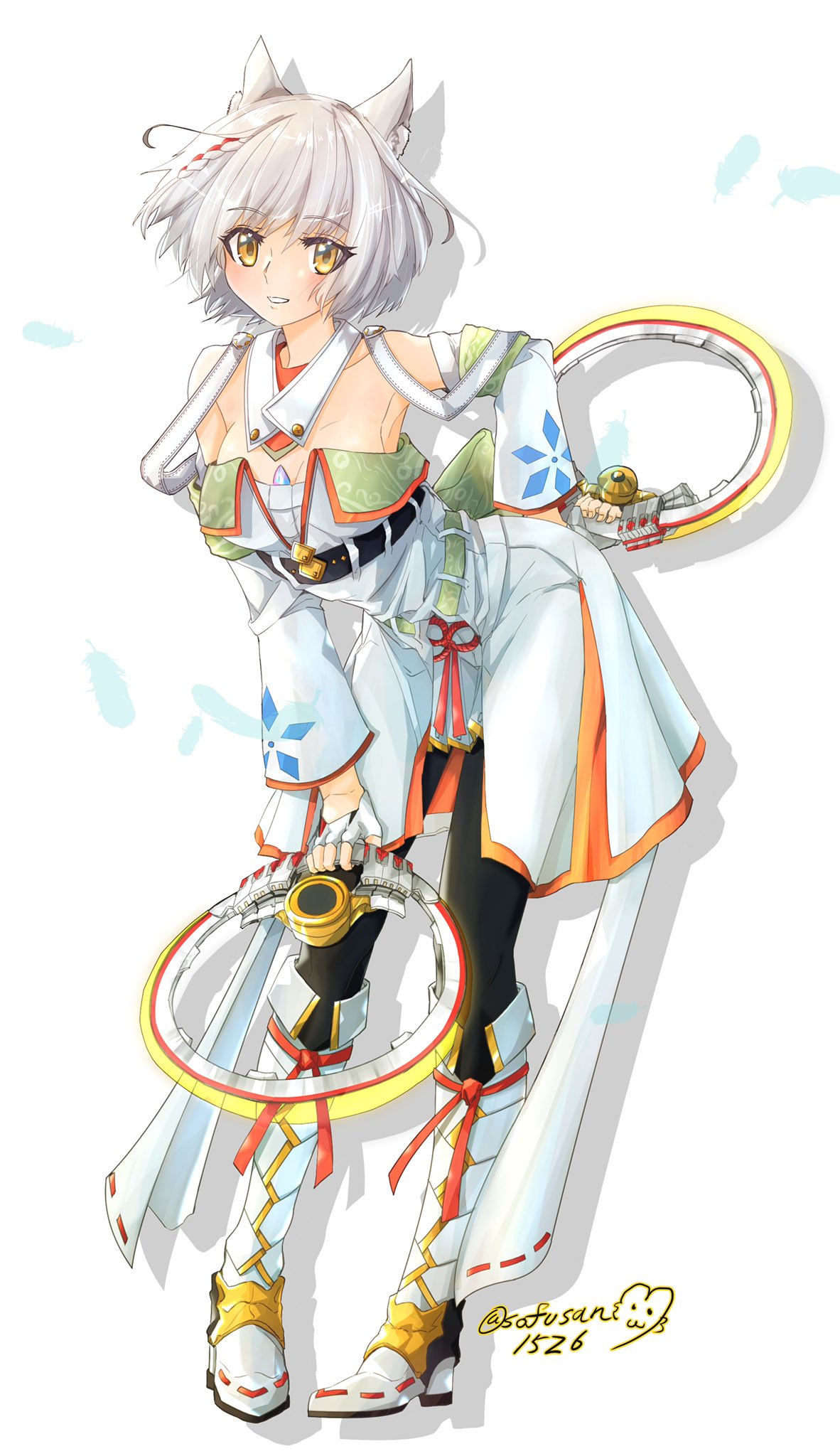 animal_ears, camisole, cat_ears, cat_girl, chakram, chest_jewel, drawing, highres
