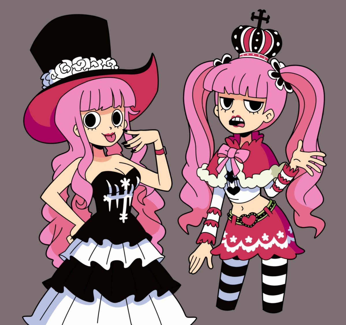 :p, belt, black_and_white_dress, black_dress, black_hat, black_nails, blue_eyes, cleavage, crown, eyelashes, grey_background, hat, lipstick, looking_at_viewer, marreeps, navel, one_piece, open_mouth, perona, pink_hair, smile, timeskip, tongue_out, twintails