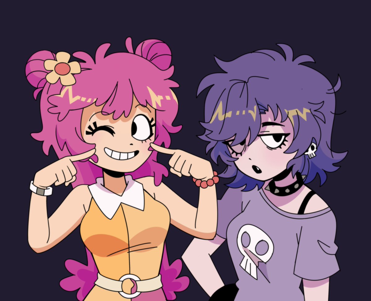 2girls, ami_onuki, black_background, eyelashes, fang, flower_on_head, grin, hi_hi_puffy_amiyumi