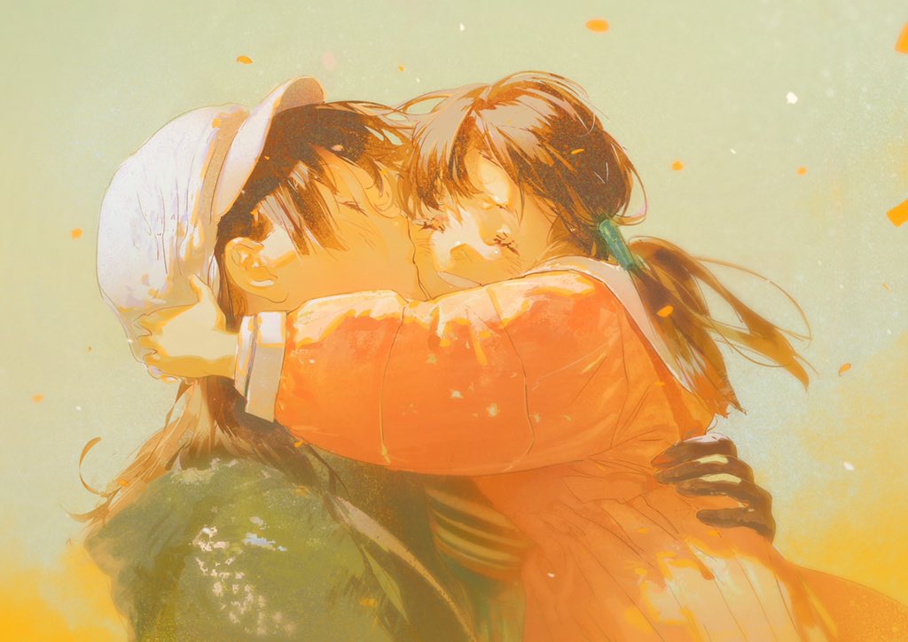 2girls, age_difference, bangs, black_gloves, blush, brown_hair, closed_eyes, dress