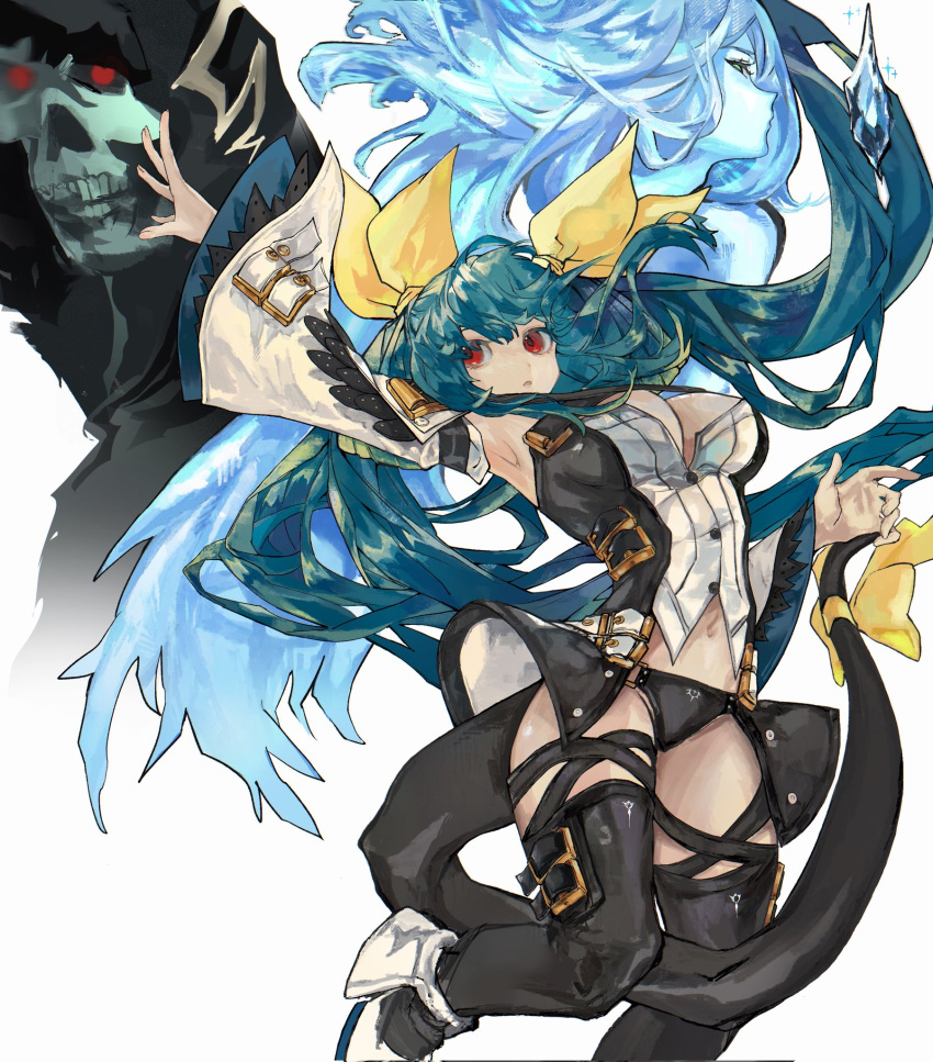 1girl, angel_wings, armpits, asymmetrical_wings, belt, black_legwear, black_panties, blue_hair, breasts, dizzy_(guilty_gear), found_modori, green_eyes, guilty_gear, guilty_gear_xrd, hair_ribbon, hair_rings, highres, ice, large_breasts, long_hair, looking_at_viewer, midriff, monster_girl, multiple_girls, navel, necro_(guilty_gear), open_mouth, panties, parted_lips, red_eyes, ribbon, simple_background, stomach, tail, tail_ornament, tail_ribbon, thigh-highs, thigh_strap, thighs, twintails, underwear, undine_(guilty_gear), white_background, wide_sleeves, wings, yellow_ribbon