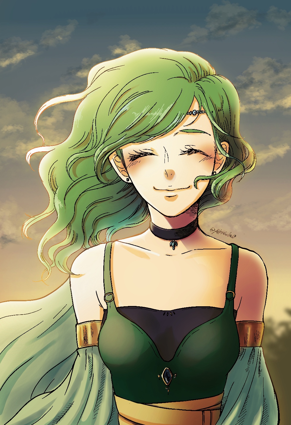 1girl, black_choker, blush, breasts, choker, closed_eyes, closed_mouth, clouds