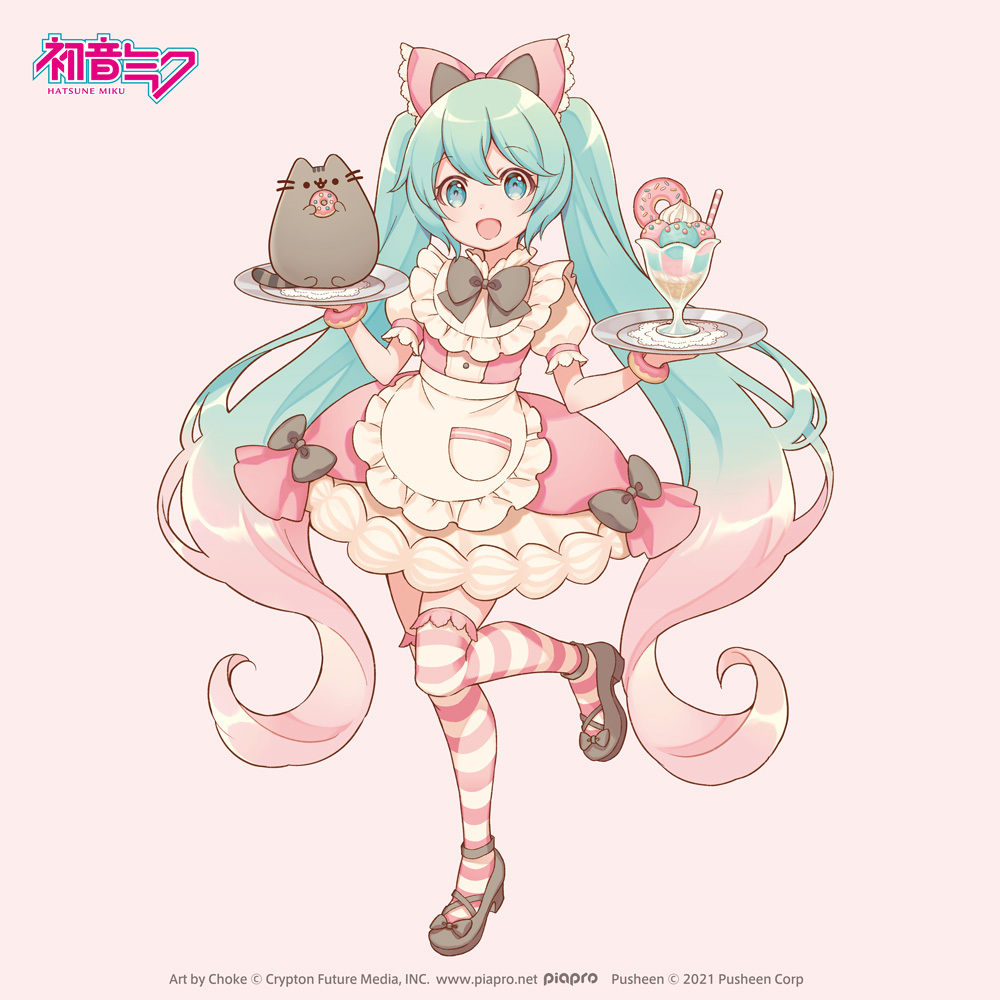 apron, aqua_hair, artist_name, bow, bracelet, cat, choke_(amamarin), clothing_request