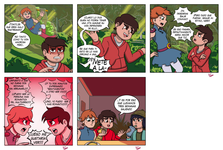 1boy, 2girls, black_hair, brown_eyes, brown_hair, comic, green_eyes, higgs, janna_ordonia, marco_diaz, orange_hair, star_vs_the_forces_of_evil