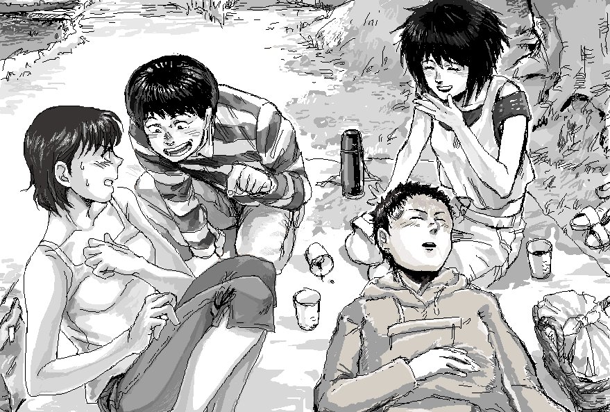 blush, couple, cup, friends, good_end, happy, kaneda_shoutarou, kaori_(akira)