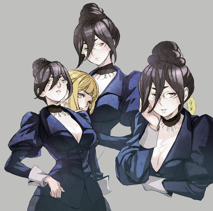 2girls, black_hair, blonde_hair, choker, formal, fumitan_admoss, glasses, grey_background, gundam, gundam_tekketsu_no_orphans, hair_between_eyes, hair_bun, kudelia_aina_bernstein, maeshima_shigeki, multiple_girls, multiple_views, puffy_sleeves, simple_background, speech_bubble, upper_body