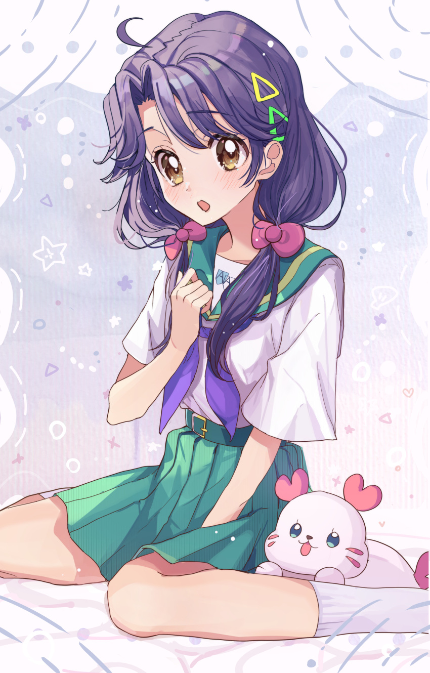 1girl, absurdres, aozora_middle_school_uniform, bangs, blush, bow, commentary, eyebrows_visible_through_hair, green_sailor_collar, green_skirt, hair_bow, highres, huwarinn99, kururun_(precure), long_hair, looking_at_viewer, low_twintails, open_mouth, pleated_skirt, precure, purple_hair, sailor_collar, school_uniform, serafuku, short_sleeves, sitting, skirt, socks, suzumura_sango, tropical-rouge!_precure, twintails, yellow_eyes