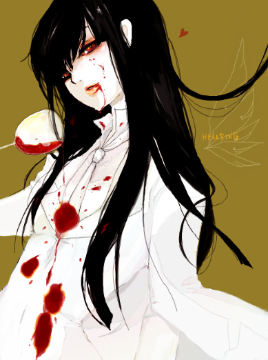 black_hair, blood, blood_on_face, cup, formal, genderswap, girlycard, heart