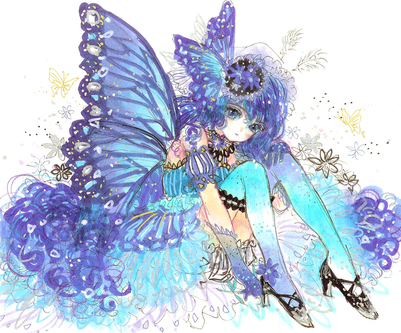 1girl, bare_shoulders, black_footwear, blue_dress, blue_eyes, blue_gloves, blue_hair, blue_legwear