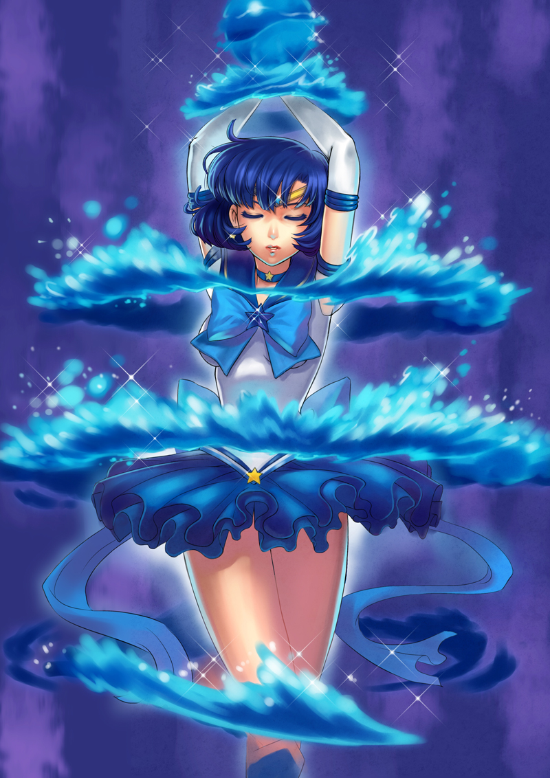 arms_up, bishoujo_senshi_sailor_moon, blue, blue_hair, bow, brooch, closed_eyes, elbow_gloves