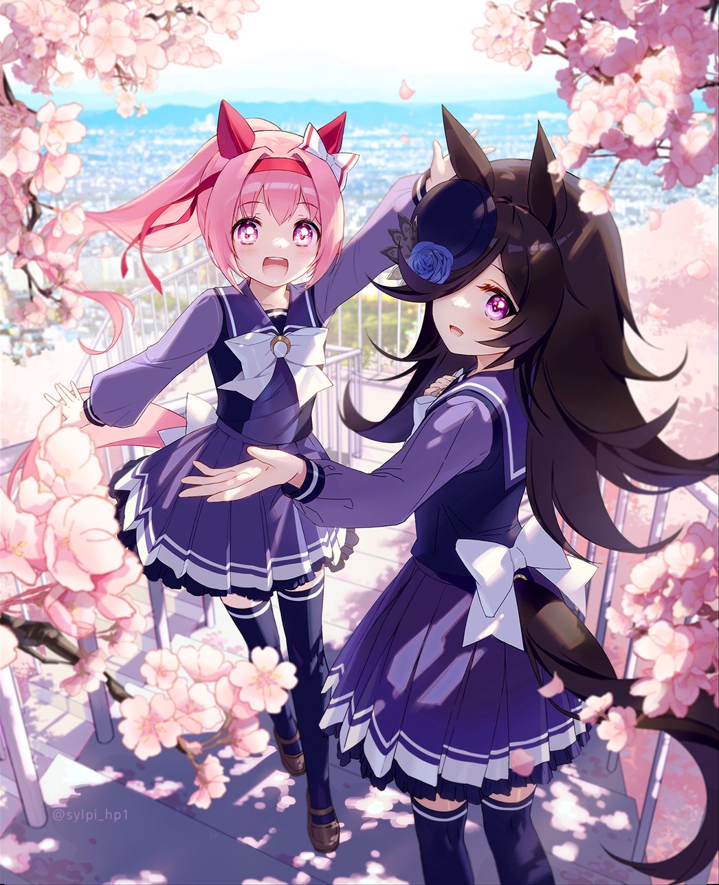 2girls, animal_ears, bangs, blue_flower, blue_rose, blush, bow, bowtie
