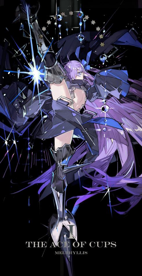 1girl, ace_of_cups_(tarot), background_text, bangs, blue_eyes, blue_ribbon, bow, breasts, chinese_commentary, collarbone, crotch_plate, fate/extra, fate/extra_ccc, fate/grand_order, fate_(series), hair_over_one_eye, hair_ribbon, hexagram, leg_up, long_hair, long_sleeves, looking_at_viewer, meltryllis_(fate), navel, prosthesis, purple_hair, ribbon, shiny, shiny_clothes, shiny_hair, sleeves_past_fingers, sleeves_past_wrists, small_breasts, solo, sparkle, star_(symbol), star_of_david, starshadowmagician, tarot, tarot_arcana, very_long_hair