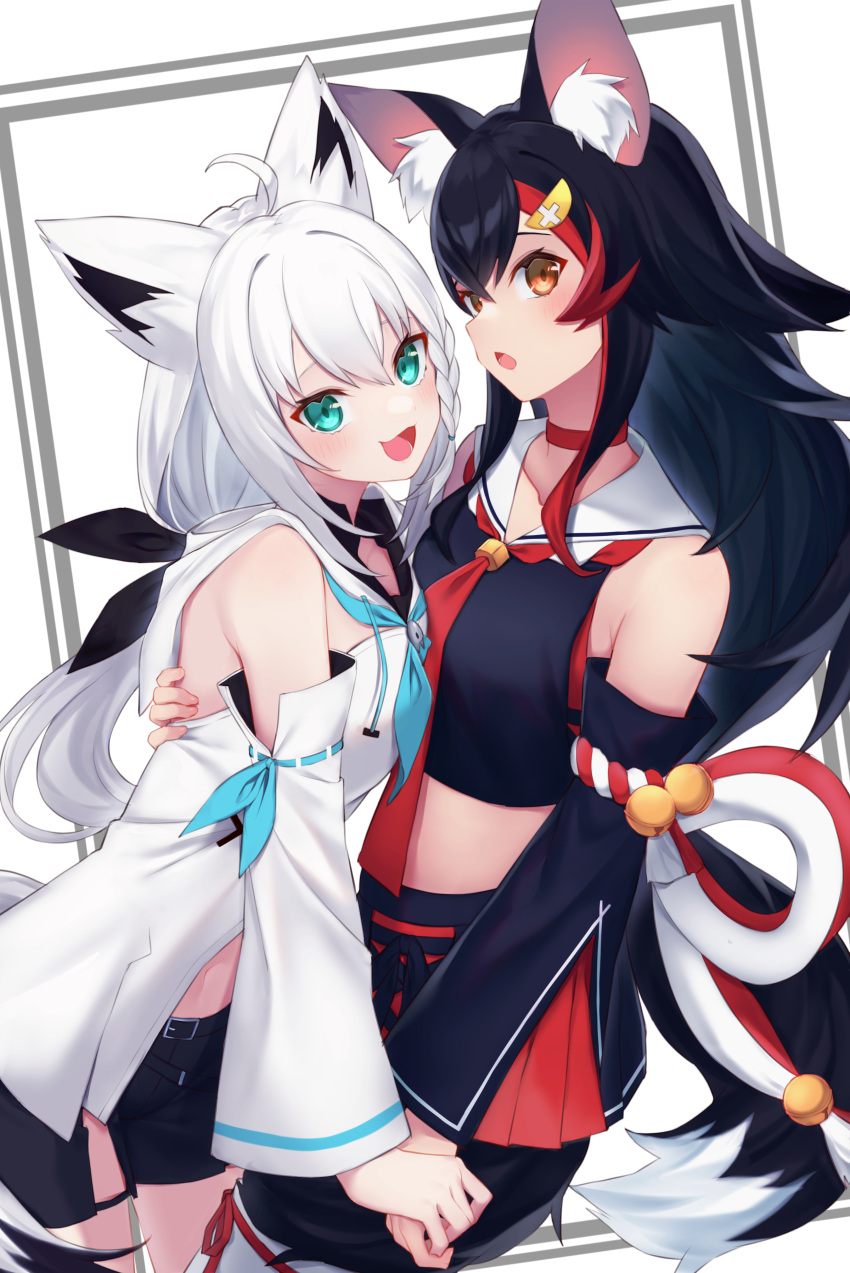 2girls, :d, :o, absurdres, ahoge, animal_ear_fluff, animal_ears, aqua_eyes