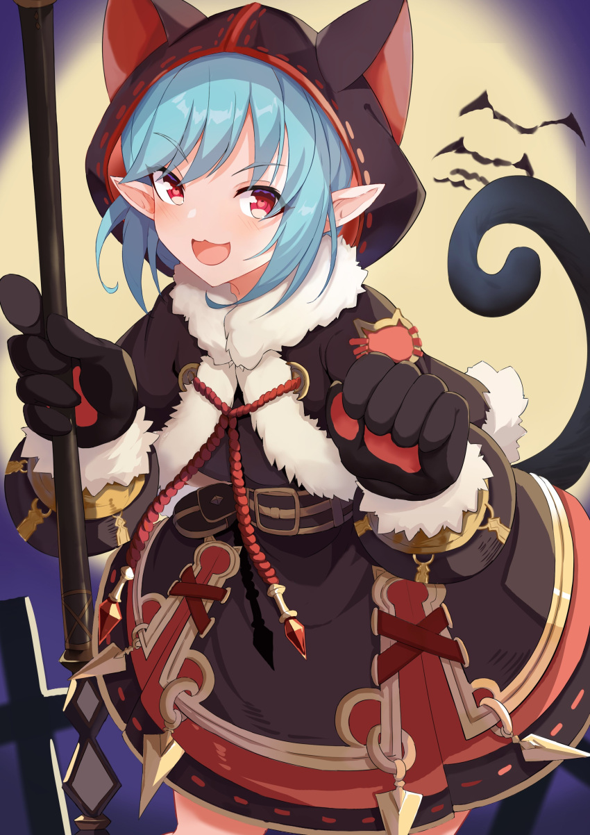 1girl, absurdres, animal_hands, artist_request, bat, blue_hair, cat_tail, commission, dress, eyebrows_visible_through_hair, gloves, highres, holding, holding_staff, humanization, indie_virtual_youtuber, lincoro, open_mouth, paw_gloves, pointy_ears, red_eyes, second-party_source, solo, staff, tail, virtual_youtuber