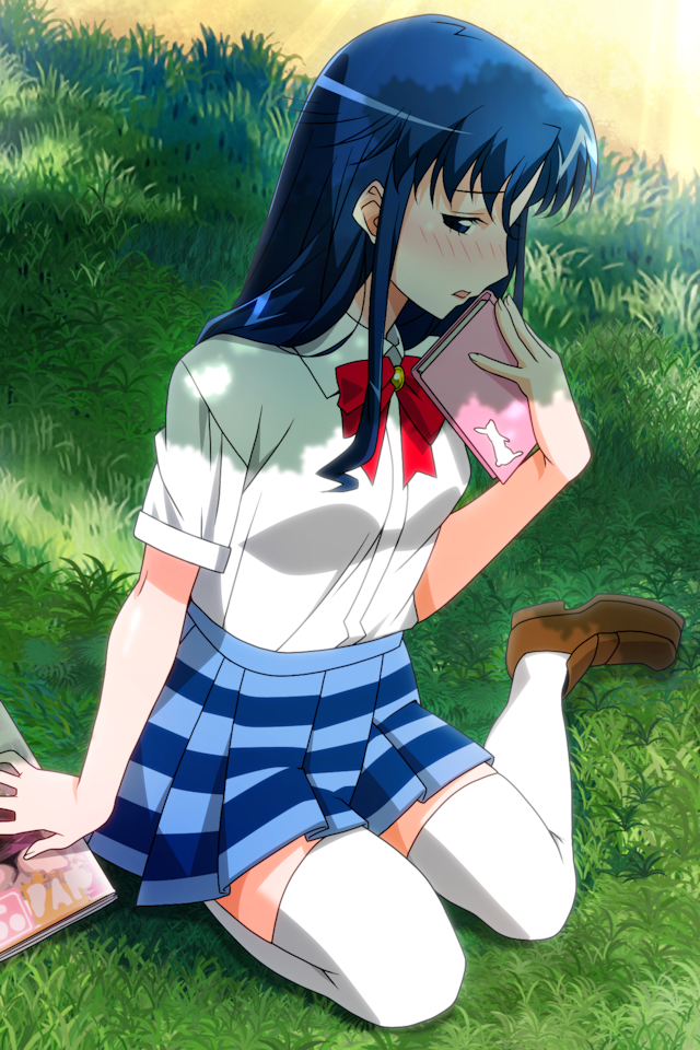 1girl, blue_eyes, blue_hair, blue_skirt, blush, book, bow, bowtie