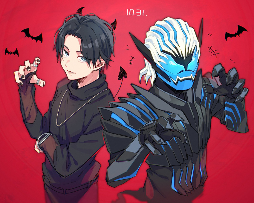 2boys, aam09212, armor, bat, black_armor, black_hair, black_nails, black_shirt