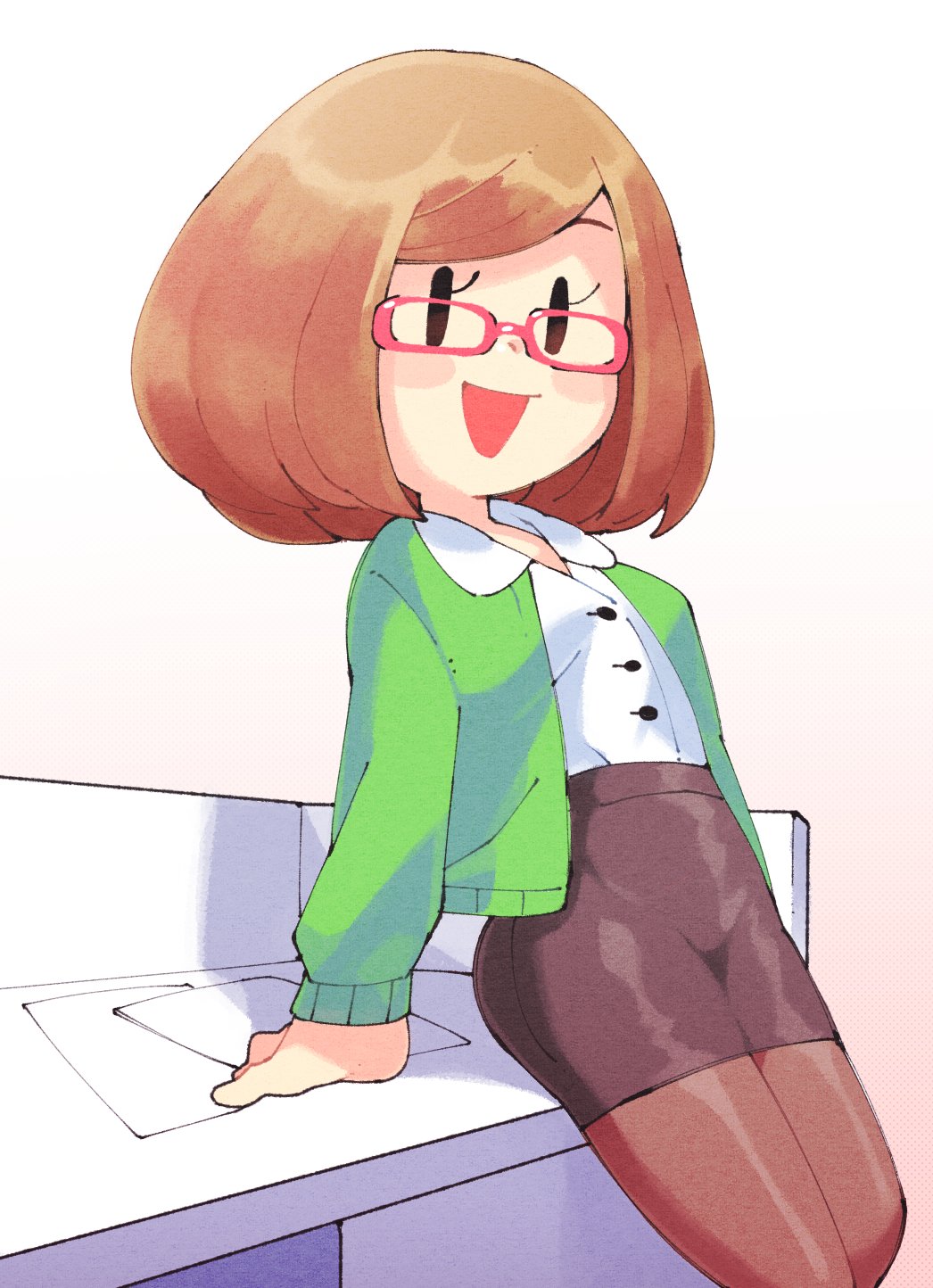 1girl, :d, bangs, blush, bob_cut, breasts, brown_hair, cardigan