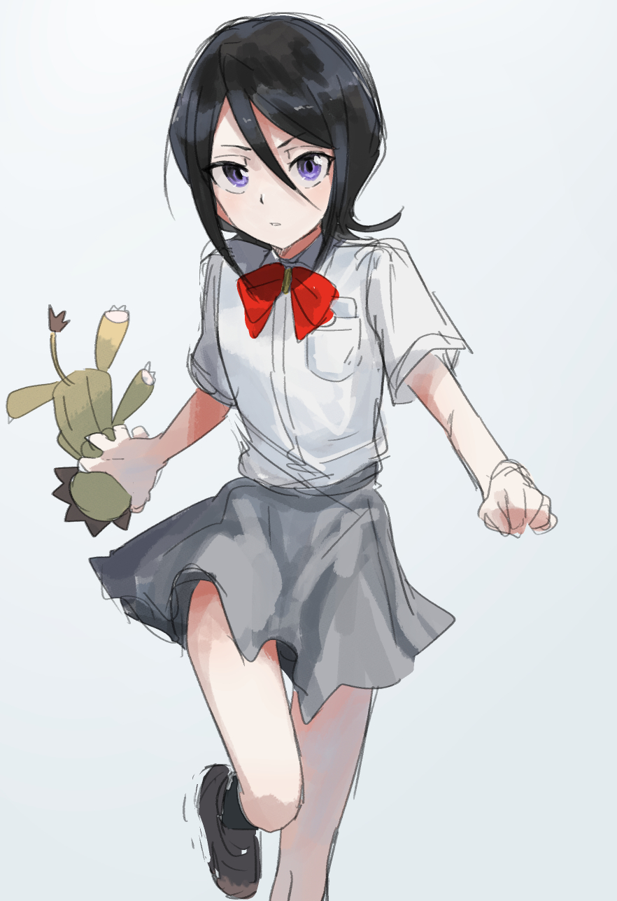 1girl, black_hair, black_legwear, bleach, blush, bow, brown_footwear, eyebrows_visible_through_hair