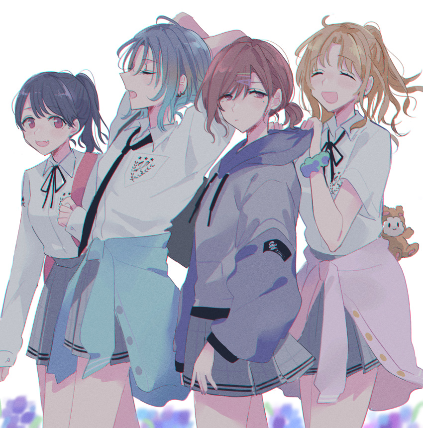 4girls, ahoge, asakura_tooru, back, black_hair, black_neckwear, black_ribbon, blue_hair, brown_hair, closed_eyes, clothes_around_waist, commentary_request, fangs, from_side, fukumaru_koito, gradient_hair, grey_hoodie, grey_skirt, hair_ornament, hairclip, high_ponytail, highres, higuchi_madoka, hood, hoodie, ichikawa_hinana, idolmaster, idolmaster_shiny_colors, jacket, jacket_around_waist, long_hair, long_sleeves, low_ponytail, miniskirt, mole, mole_under_eye, multicolored_hair, multiple_girls, nasu_bacon, neck_ribbon, necktie, plaid, plaid_skirt, pleated_skirt, ribbon, school_uniform, scrunchie, shirt, short_hair, short_sleeves, skin_fangs, skirt, tied_hair, violet_eyes, white_background, white_shirt, wrist_scrunchie