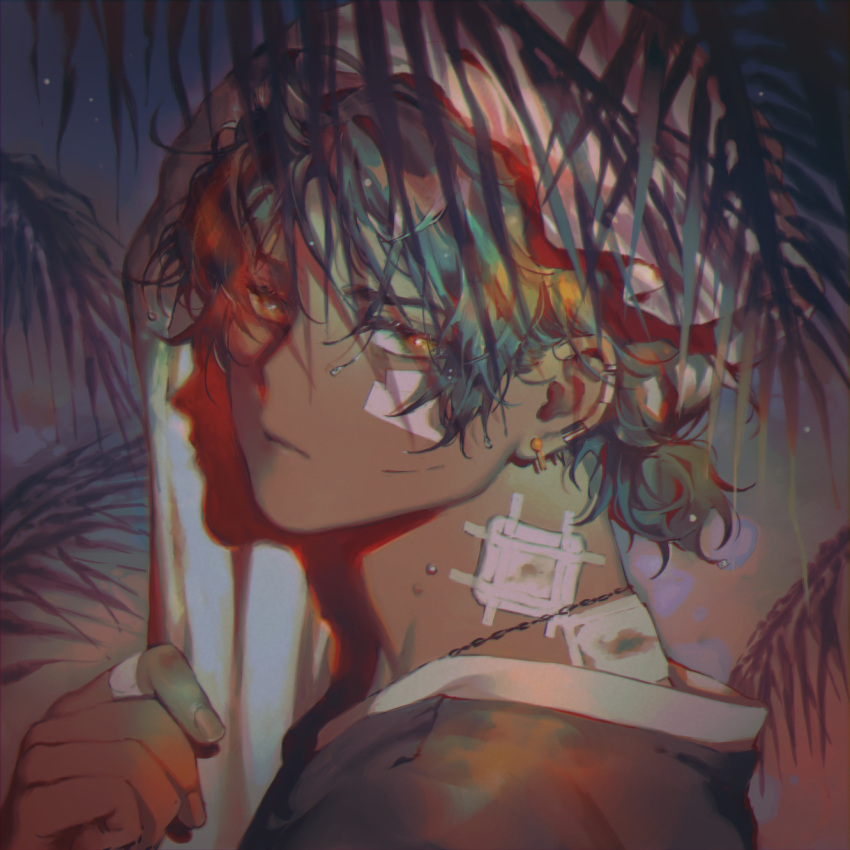 1boy, arknights, bandaid, bandaid_on_cheek, bandaid_on_face, bandaid_on_hand, bandaid_on_neck, bangs