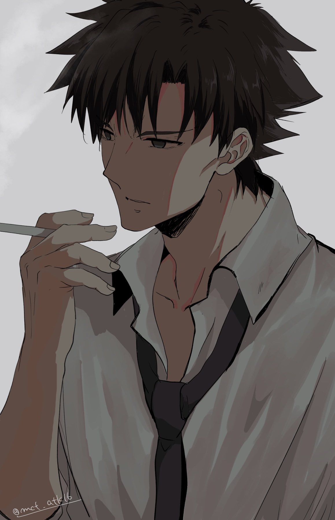 1boy, black_eyes, black_hair, black_necktie, cigarette, collarbone, collared_shirt, commentary_request, emiya_kiritsugu, fate/zero, fate_(series), highres, long_hair, male_focus, mature_male, mct, necktie, shirt, smoking, spiky_hair, white_shirt