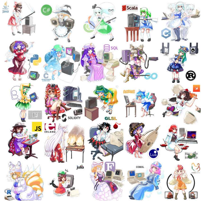 6+girls, absurdres, animal_ear_fluff, animal_ears, animal_on_head, anklet, apron, ascot