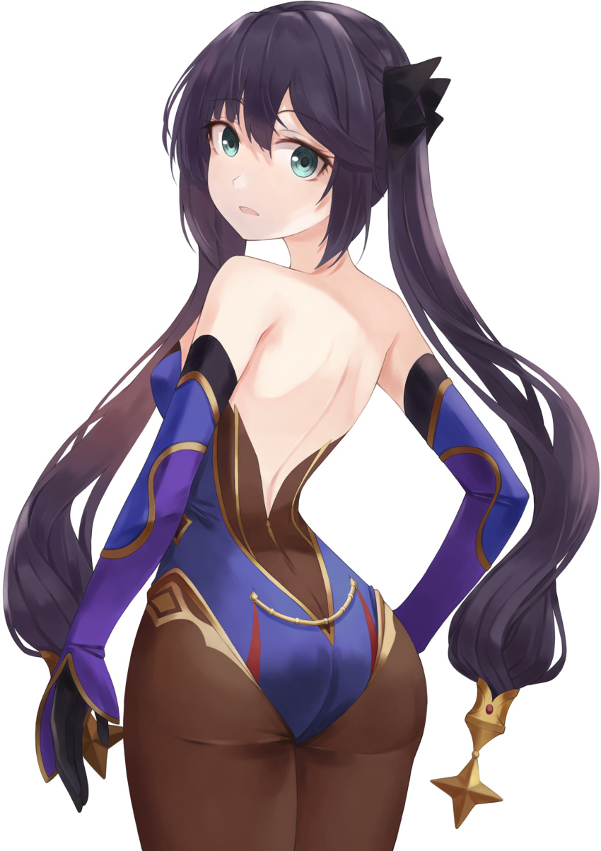 1girl, absurdres, aqua_eyes, ass, bangs, bare_shoulders, beisaku_bei, black_gloves