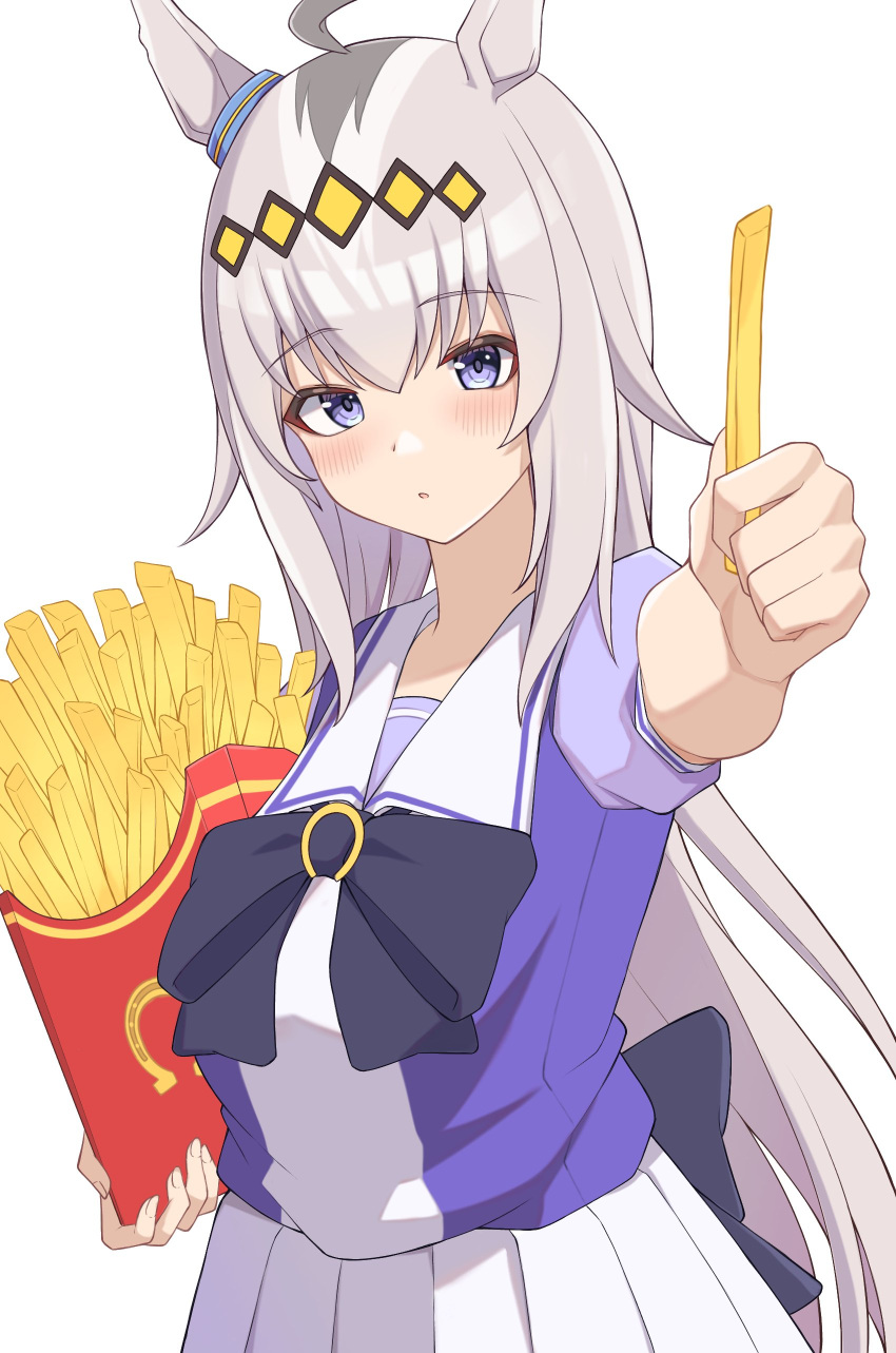 1girl, absurdres, ahoge, animal_ears, bangs, black_bow, black_bowtie, blue_eyes