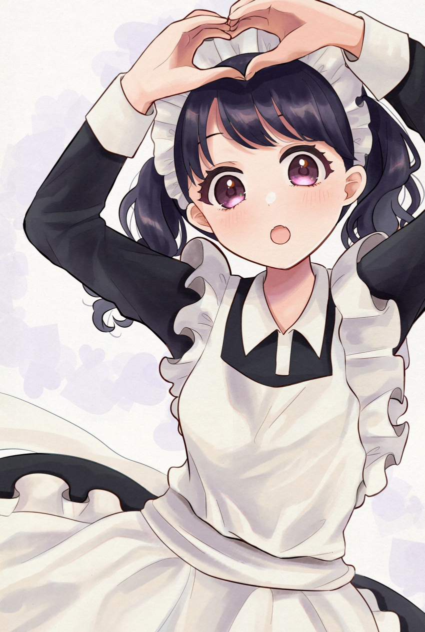 19_okeke, 1girl, apron, black_dress, black_hair, commentary_request, dress, fangs