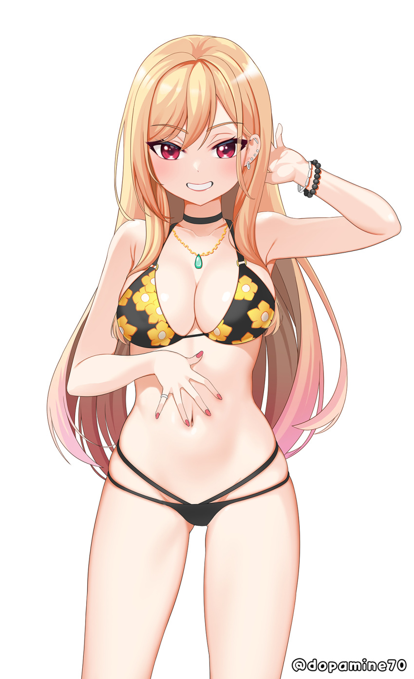 1girl, bead_bracelet, beads, bikini, black_bikini, black_choker, blonde_hair, bracelet