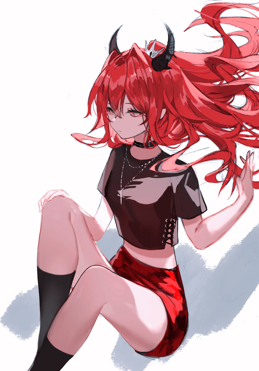 1girl, arknights, black_collar, black_legwear, black_shirt, collar, cookie_(ppyf5328), cropped_shirt