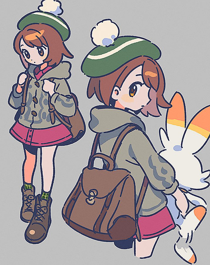 1girl, backpack, bag, blush, bob_cut, boots, brown_bag, brown_eyes