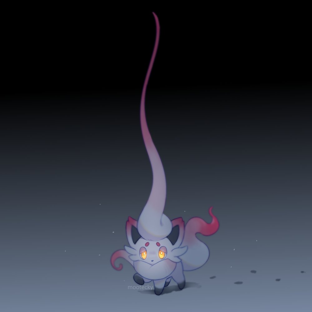 artist_name, blurry, bright_pupils, commentary, footprints, hisuian_zorua, looking_at_viewer, mootecky
