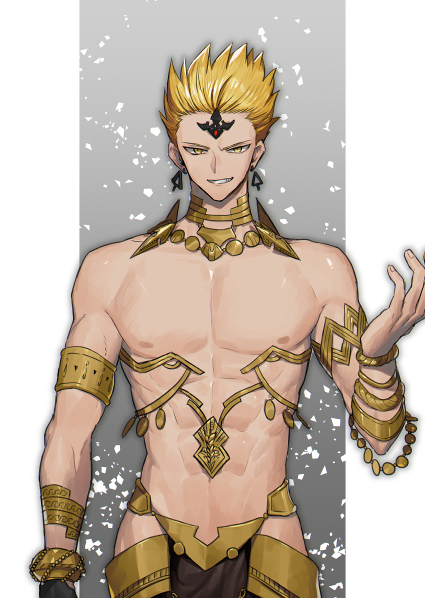 1boy, armlet, armor, blonde_hair, bracelet, commentary_request, earrings, fate/grand_order, fate_(series), feet_out_of_frame, gilgamesh_(fate), highres, jewelry, male_focus, navel, nebuchadenezzar_(fate), necklace, none_(kameko227), official_alternate_costume, open_mouth, red_eyes, revealing_clothes, short_hair, smile, solo, toned, toned_male, upper_body, yellow_eyes