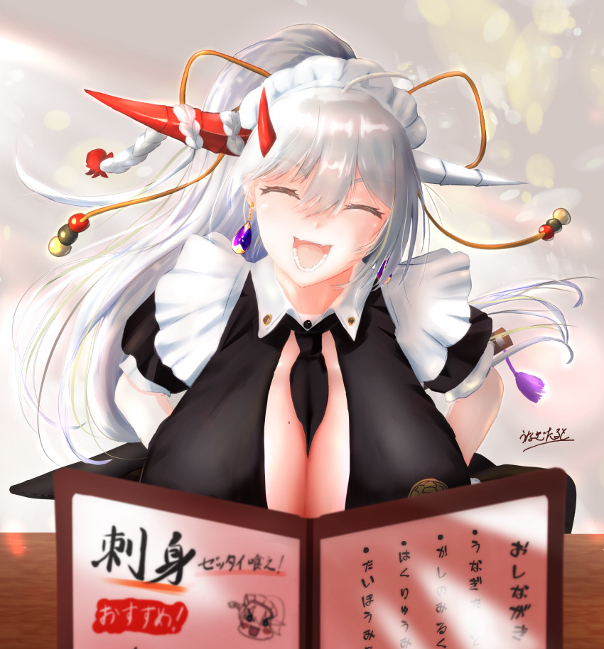 1girl, absurdres, apron, asymmetrical_horns, azur_lane, between_breasts, black_dress, black_necktie, breast_rest, breasts, breasts_on_table, center_opening, closed_eyes, dress, earrings, hair_on_horn, hakuryuu_(azur_lane), hakuryuu_(slice_dice_and_serve)_(azur_lane), high_ponytail, highres, horns, huge_breasts, jewelry, looking_at_viewer, menu, multiple_horns, necktie, necktie_between_breasts, official_alternate_costume, puffy_short_sleeves, puffy_sleeves, red_horns, sharp_teeth, short_sleeves, solo, sword, sword_behind_back, teeth, unamuscb, upper_body, weapon, white_apron, white_hair, white_horns