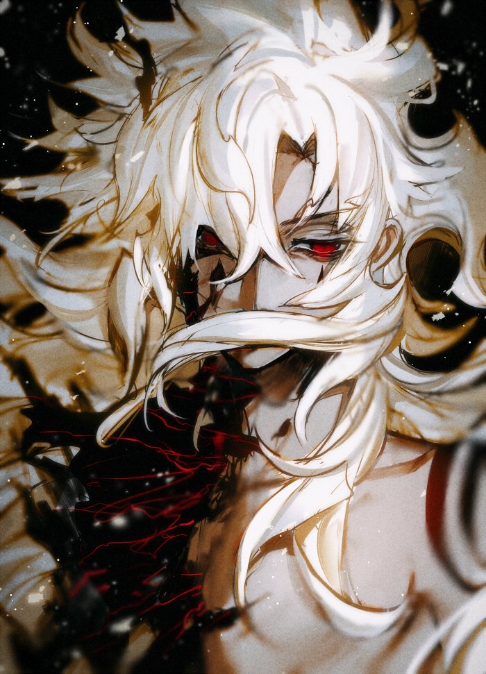 1boy, au_(d_elite), bangs, blonde_hair, dark-skinned_male, dark_skin, disintegration, expressionless