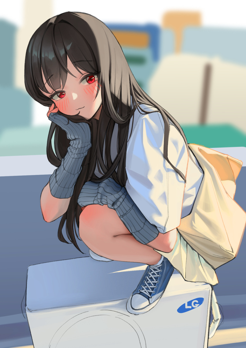 1girl, :3, absurdres, arm_warmers, baggy_clothes, bangs, black_hair, blue_footwear