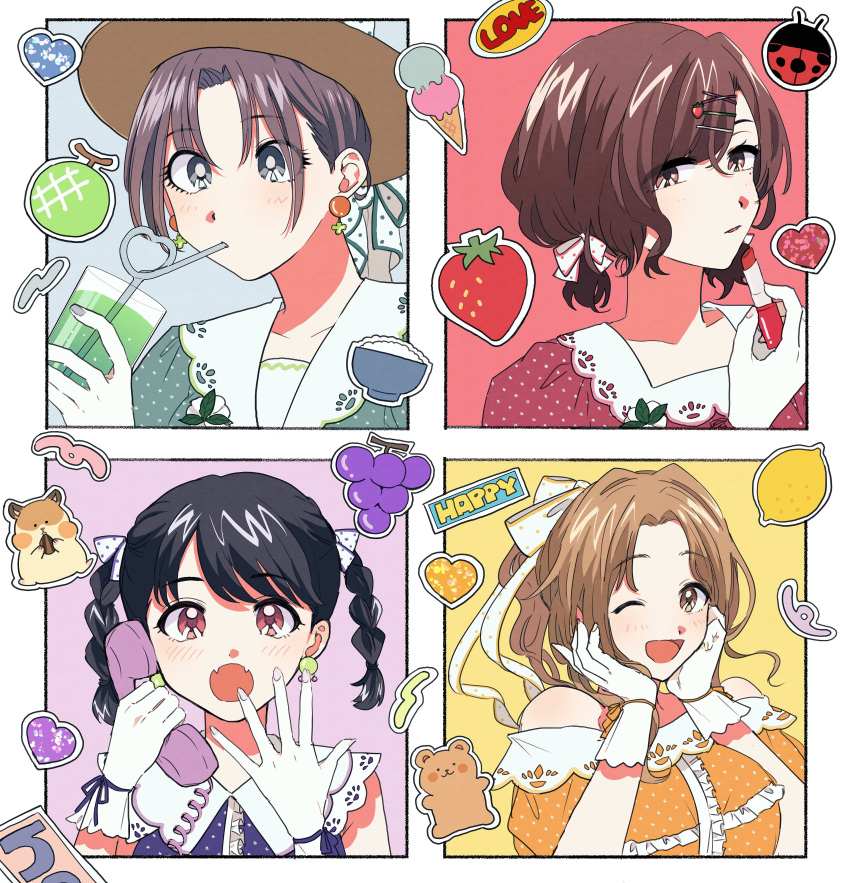 ;d, absurdres, asakura_tooru, bare_shoulders, black_hair, braid, brown_hair, collage