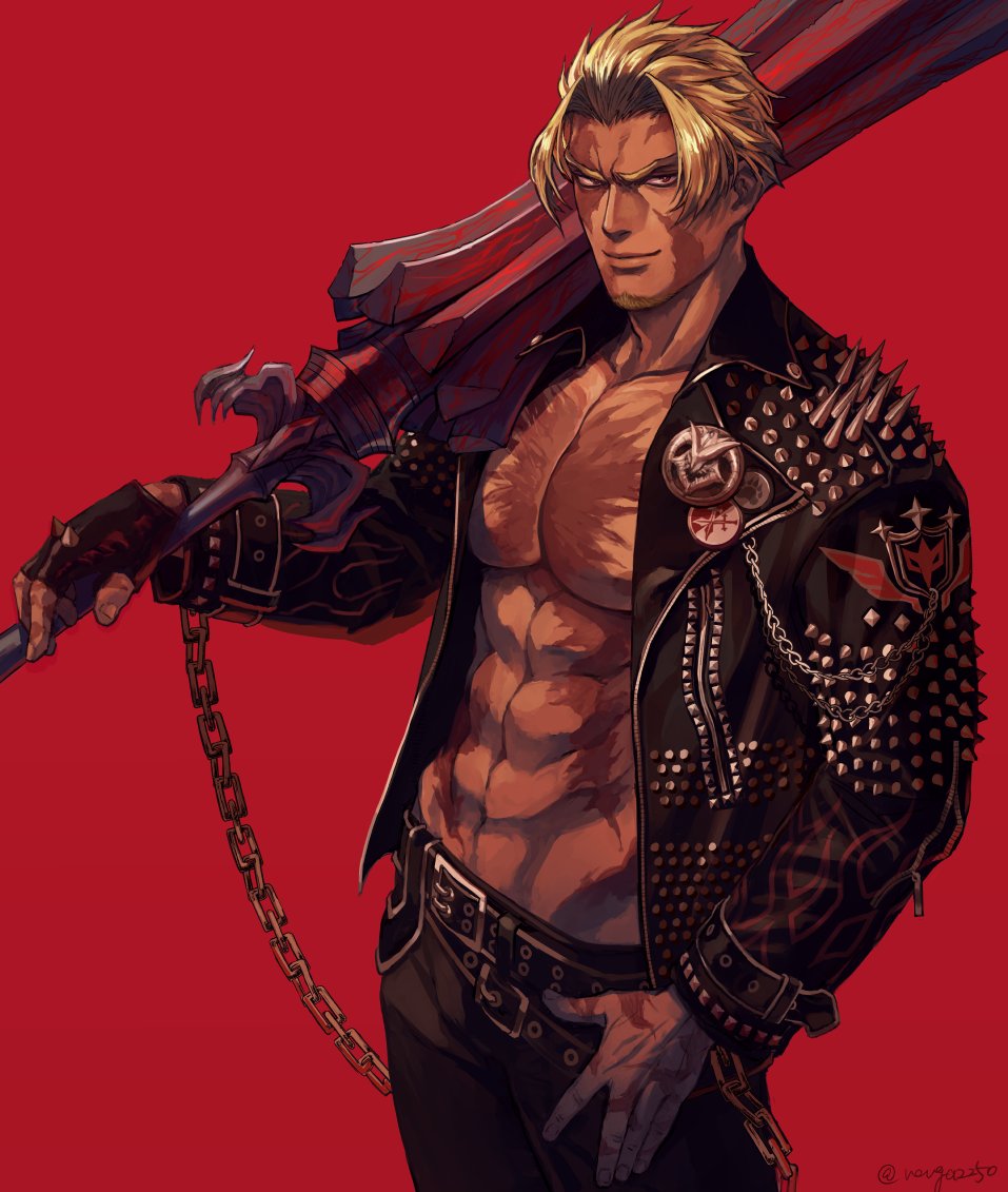 1boy, abs, bangs, beowulf_(fate), black_jacket, blonde_hair, commentary, facial_hair