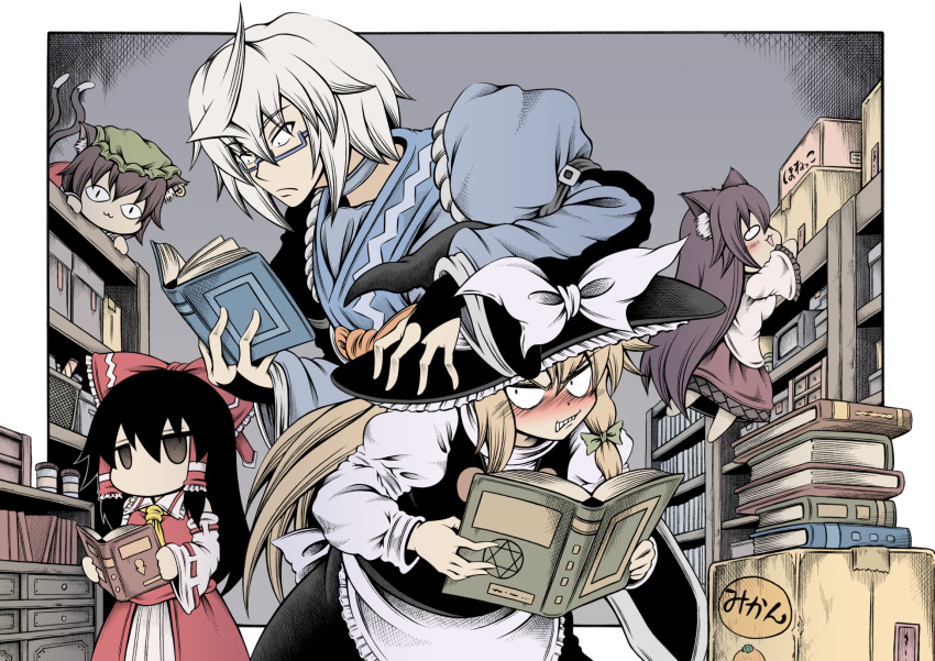 1boy, 4girls, angry, apron, bangs, black_dress, black_hair, black_headwear