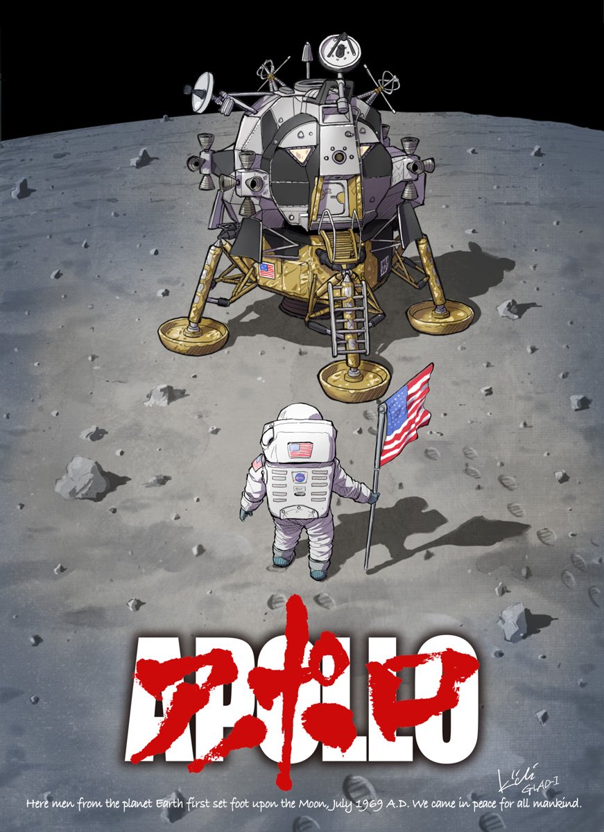 akira, american_flag, apollo_11, astronaut, eagle_(spacecraft), english_text, footprints, helmet, highres, kiichi, moon, nasa_logo, parody, space, space_craft, spacesuit