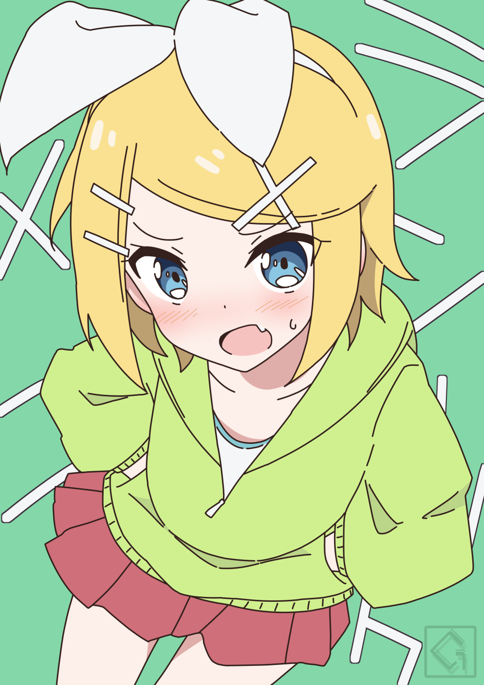 1girl, aqua_background, artist_logo, bangs, blonde_hair, blue_eyes, blush, bow
