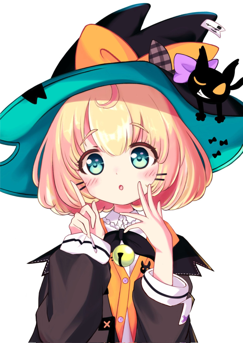 1girl, aqua_eyes, bell, black_bow, black_headwear, black_jacket, blonde_hair, bow