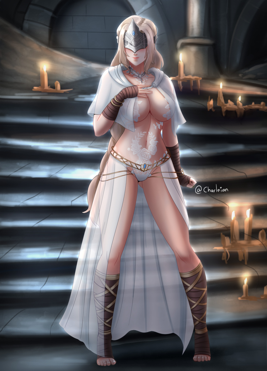 1girl, absurdres, blindfold, blonde_hair, breasts, candle, charleian, cloak, closed_mouth, covered_eyes, dark_souls_(series), dark_souls_iii, fire_keeper, full_body, highres, jewelry, large_breasts, lips, long_hair, looking_at_viewer, mask, revealing_clothes, smile, solo, underwear