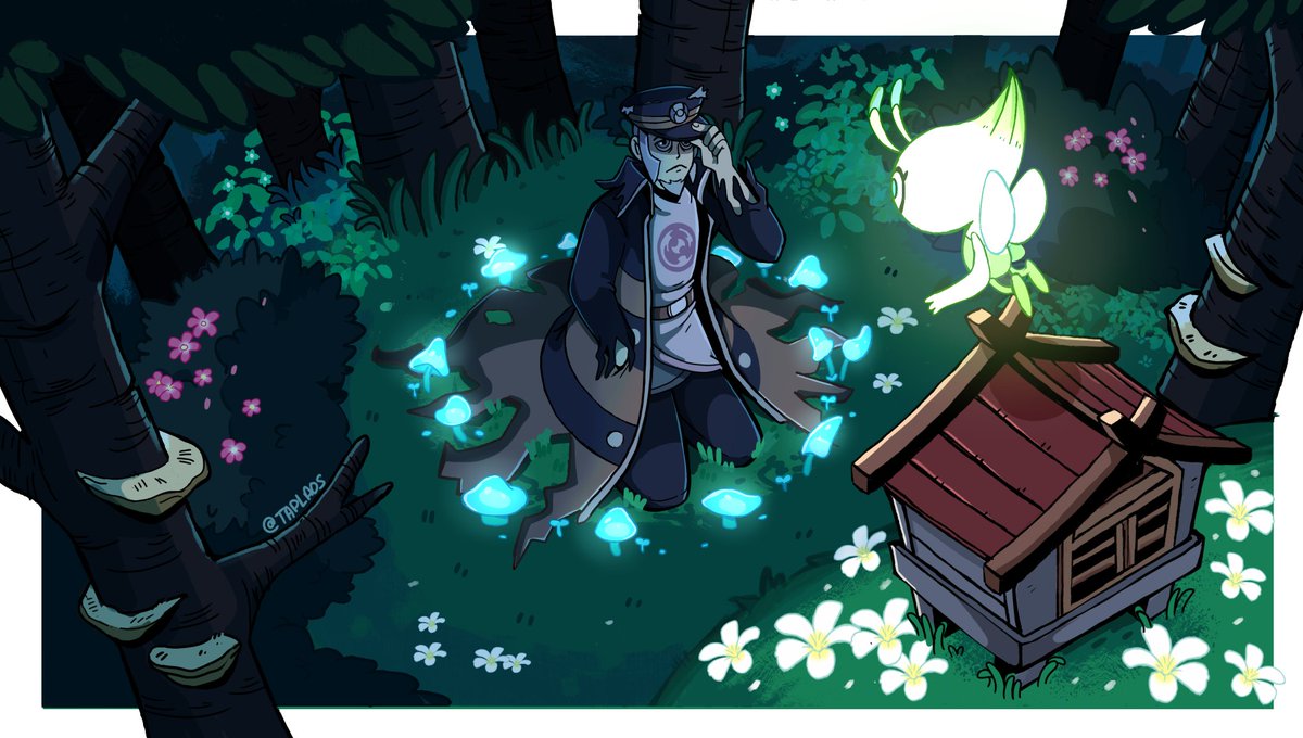 1boy, celebi, closed_mouth, fairy_ring, flower, forest, gen_2_pokemon, glowing